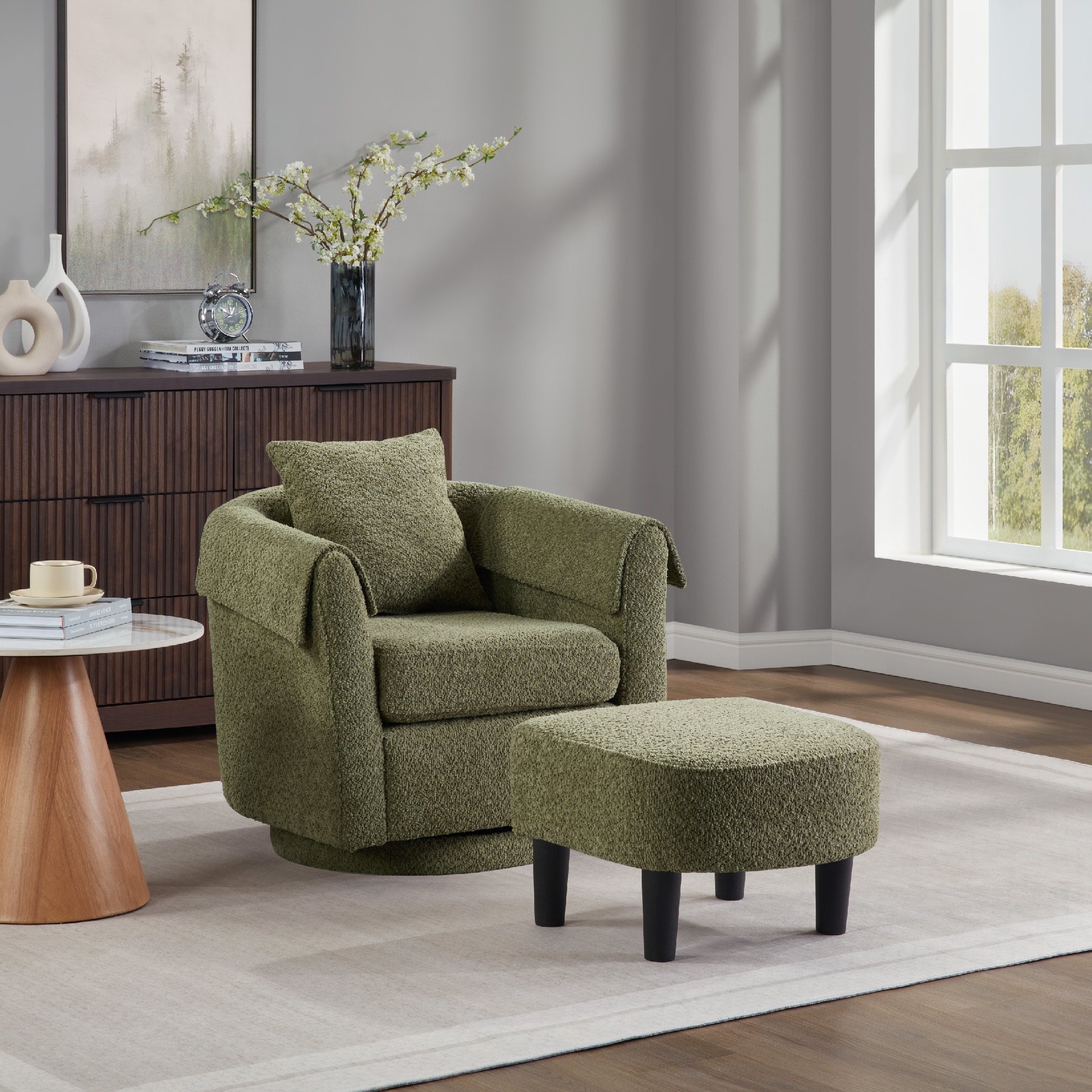 Swivel Accent Chair With Ottoman Set, Modern Chenille Barrel Armchair With Removable Back Pillow & 2 Armrest Covers For Living Room, Bedroom, Office, Green_voghion.com